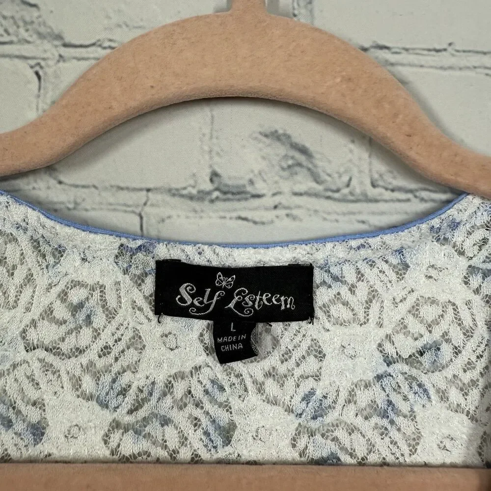 Coquette Y2K Sheer Lace Floral Blouse Junior Large Blue Trim Bow Top Romantic